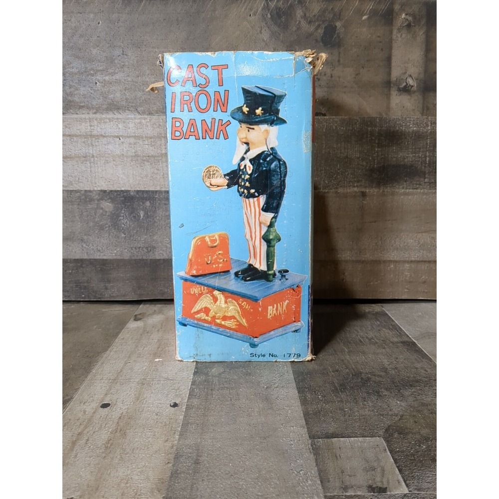 Antique / Vintage UNCLE SAM Heavy Cast Iron Mechanical Bank Replica w/Box‎